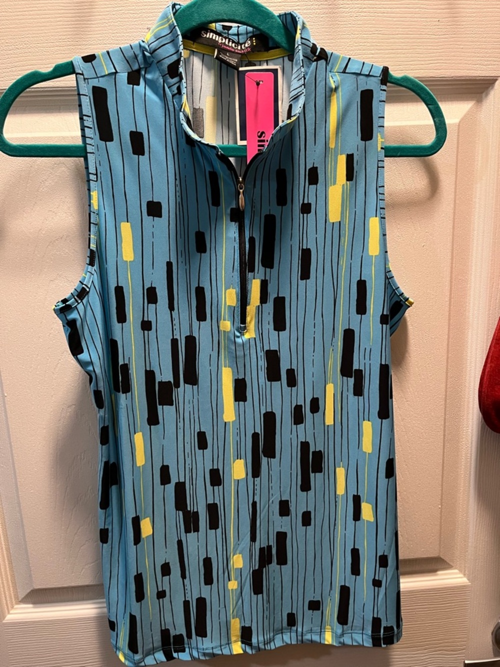 Simplicité Sleeveless Zip Mock Neck Polo in Teal with Black & Yellow Accents